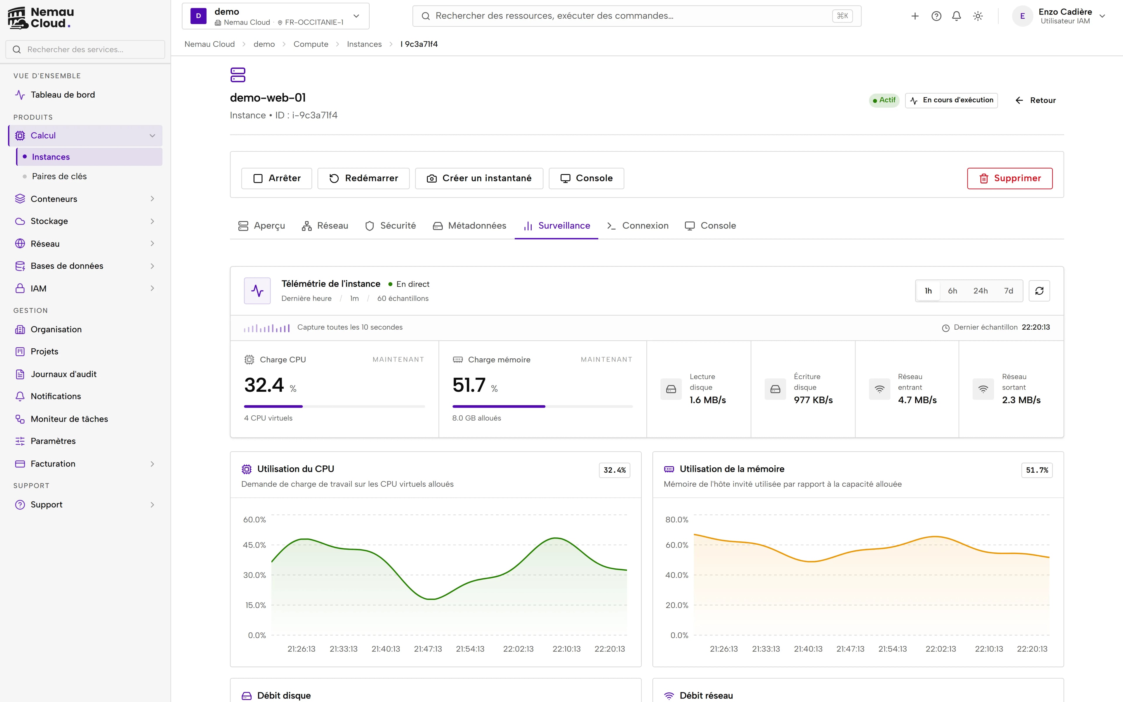 Nemau Cloud console: an instance's Monitoring tab — live CPU and memory load, disk and network throughput, charts over the last hour.